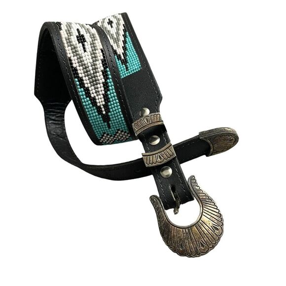 Beaded Leather Belt Black Small Womens Sterling Buckle 4pc Southwest Embossed - Picture 1 of 9